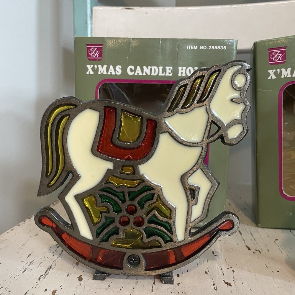 VTG  Stained Glass Christmas Votive Candle‎ Holders Cast Iron Rocking Horse Tree - Picture 3 of 8